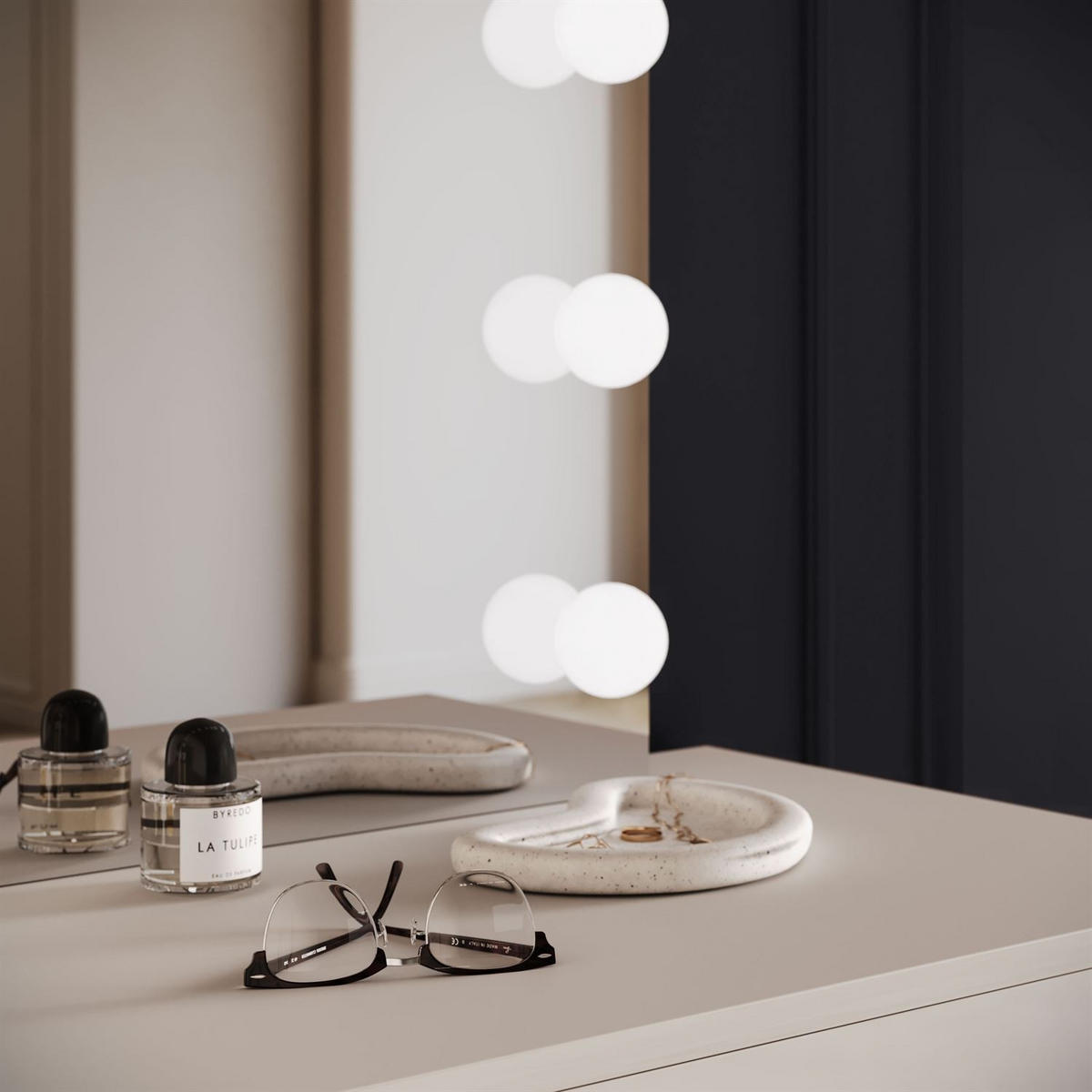 SCHMINKTISCH BLANCO KASCHMIR ELITE mit Spiegel und Beleuchtung silberner Chrom Kristallgriff - Beige, Holzwerkstoff (100/81/42cm) - Lookway