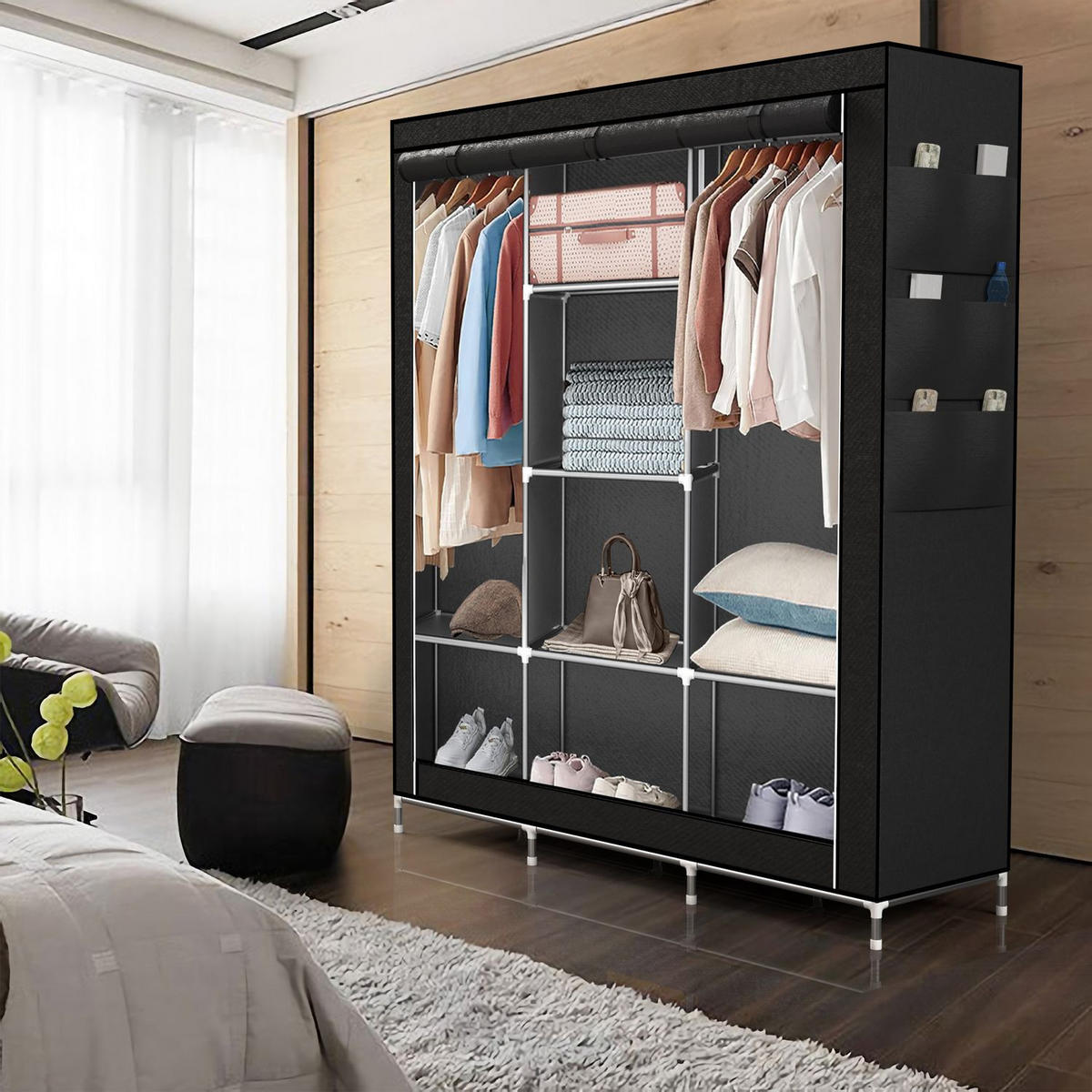 STOFFSCHRANK - Schwarz, Textil (45/175/130cm) - Intirilife