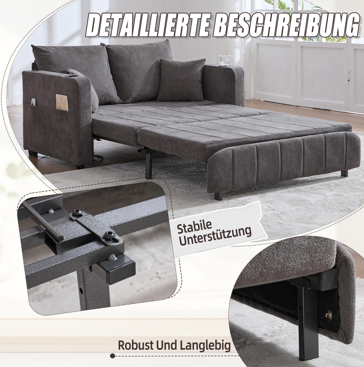 SCHLAFSOFA aus Chenille 139x83x73 cm in Grau mit Schlaffunktion - Grau, Textil (139/73/83cm) - Modfu