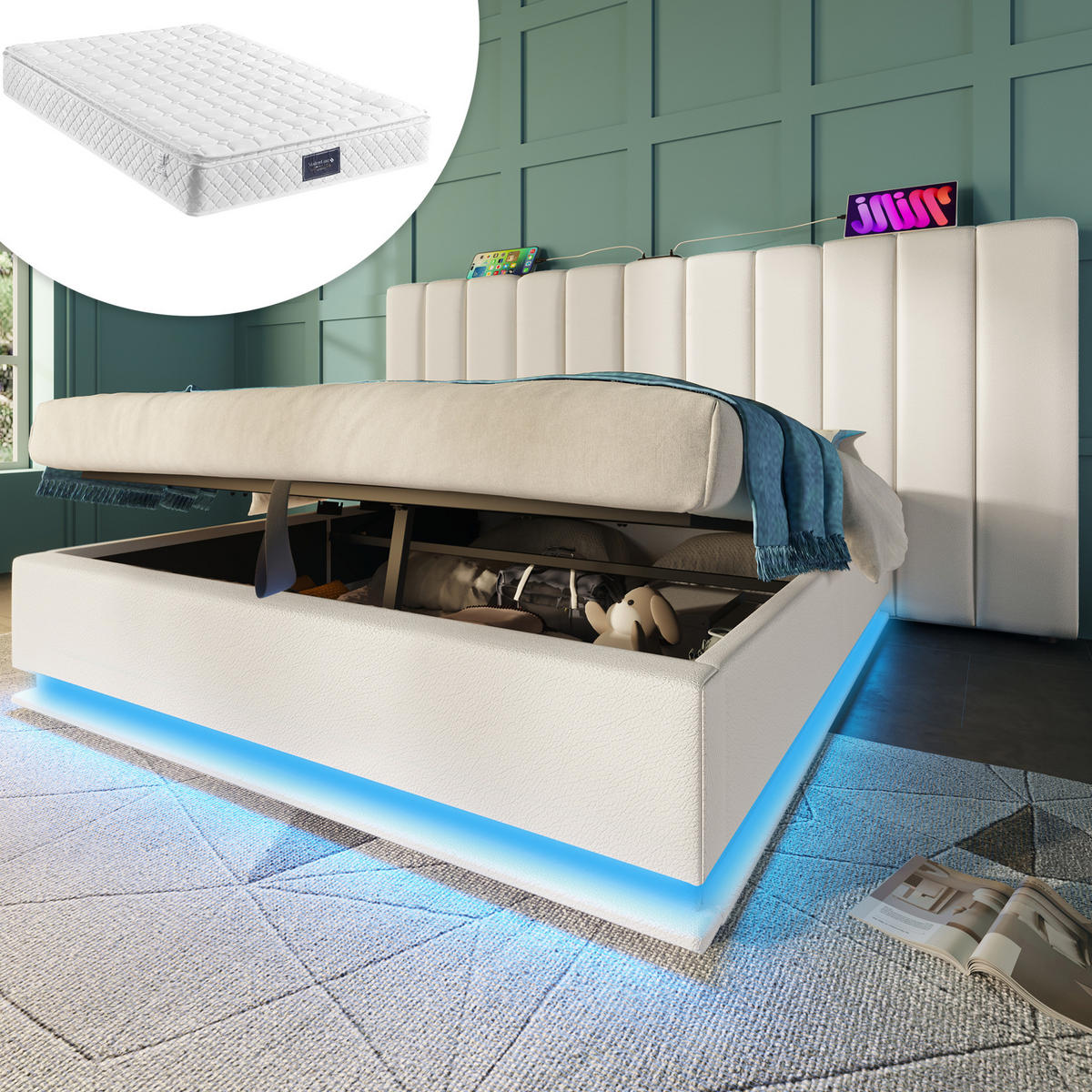 POLSTERBETT mit Stauraum, LED und Ladefunktion 160x200 cm PU Weiß - Weiß, Metall (160/200cm) - Meubliv