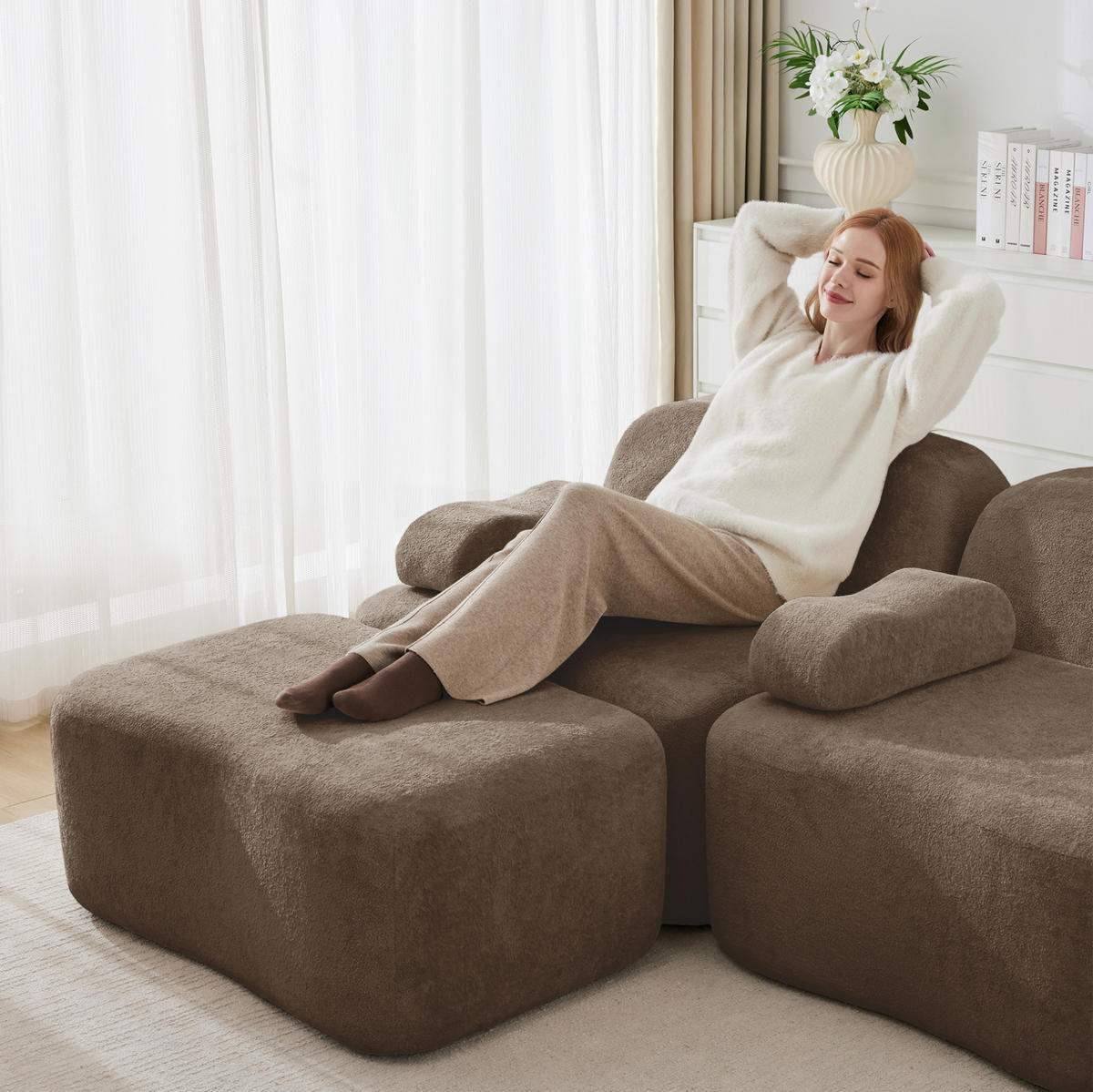 SOFA modular mit tiefer Sitzfläche Samt Braun - Braun, Holzwerkstoff (98/70/288cm) - Meubliv