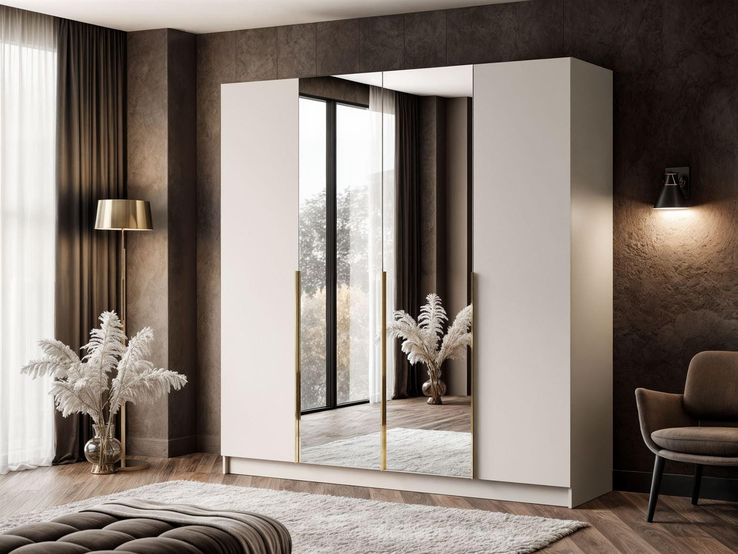 KLEIDERSCHRANK AUREL 4D mit Spiegel mit goldenen Griffen - Kaschmir/Goldfarben, Holzwerkstoff (200/200/57cm) - Lookway