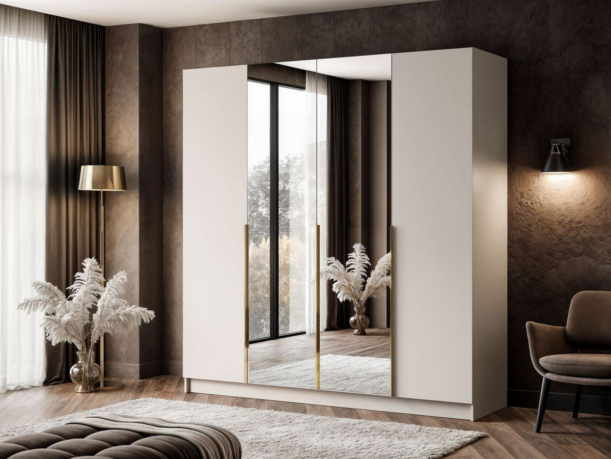 KLEIDERSCHRANK AUREL 4D mit Spiegel mit goldenen Griffen - Kaschmir/Goldfarben, Holzwerkstoff (200/200/57cm) - Lookway