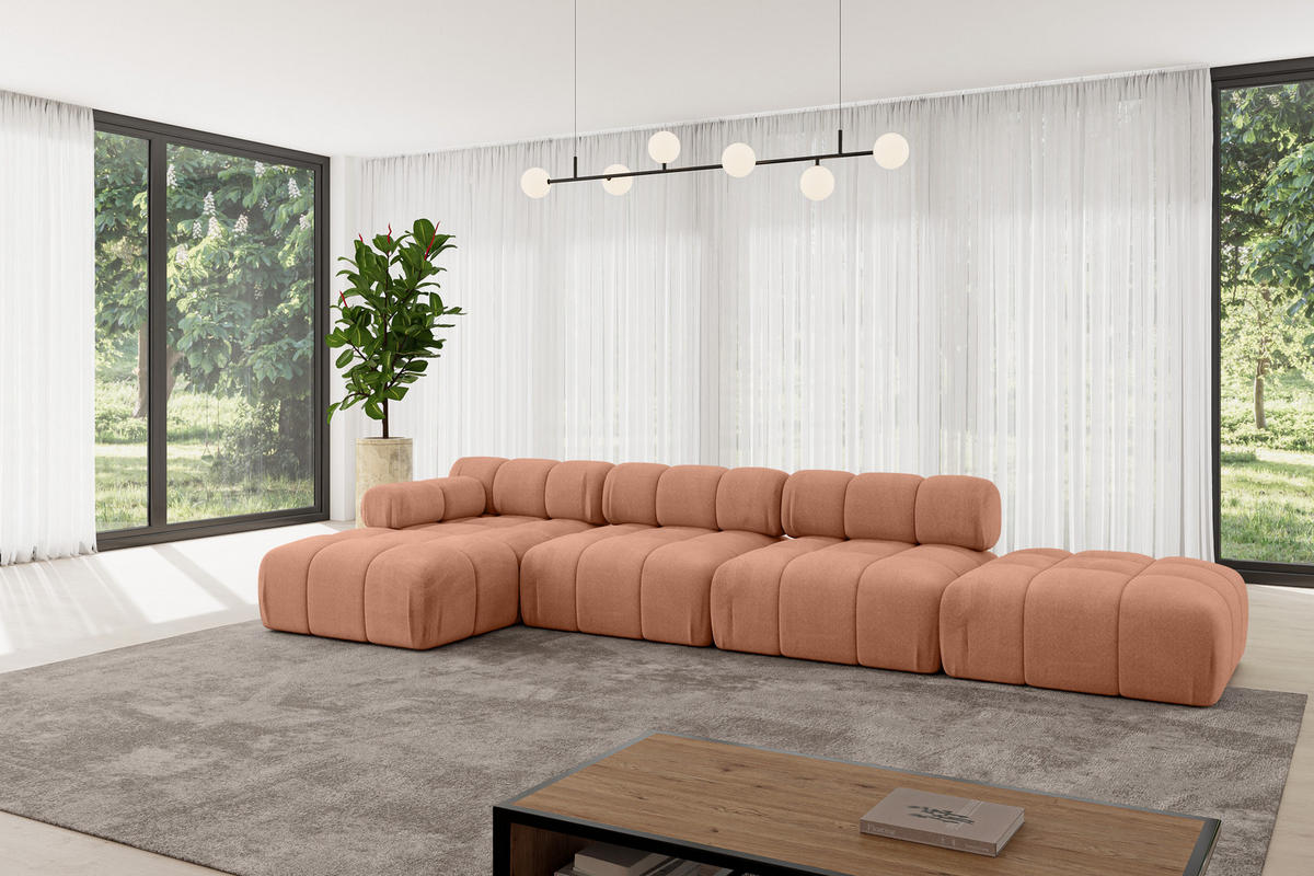 ECKSOFA modulares Sofa Lizur-L2 - 380x160x70 cm Apricot Velours - Koralle, Holzwerkstoff/Textil (380/160cm) - ALTDECOR