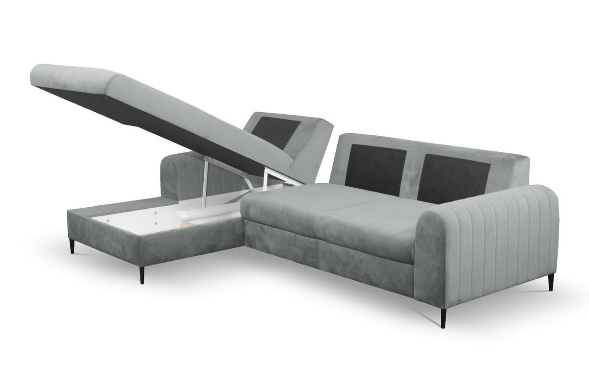ECKSOFA VERONA L-S Grau Velours-Stoff mit Schlaffunktion - Grau, Holz (251/164cm) - MASSENO