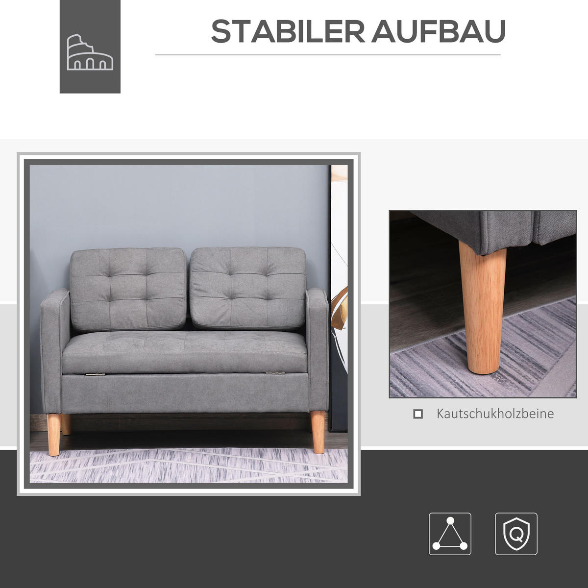 2-SITZER Sofa Stoffsofa Doppelsofa abnehmbar mit Kissen Gummiholz Baumwoll Grau - Naturfarben/Grau, Holz/Textil (62/78/117cm) - HOMCOM