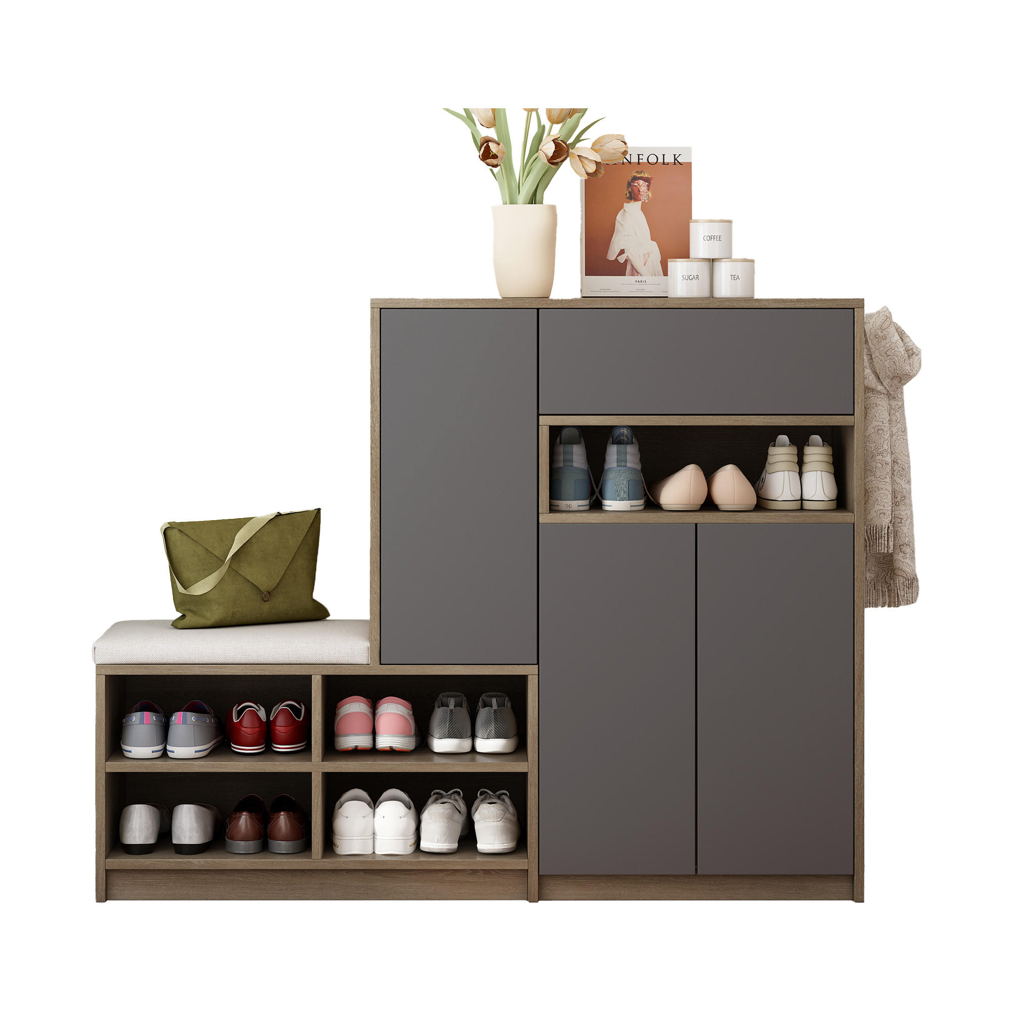 SCHUHSCHRANK MIT SITZBANK Grau 140/35/110 cm - Grau, Holzwerkstoff (140/110/35cm) - PANGIVO