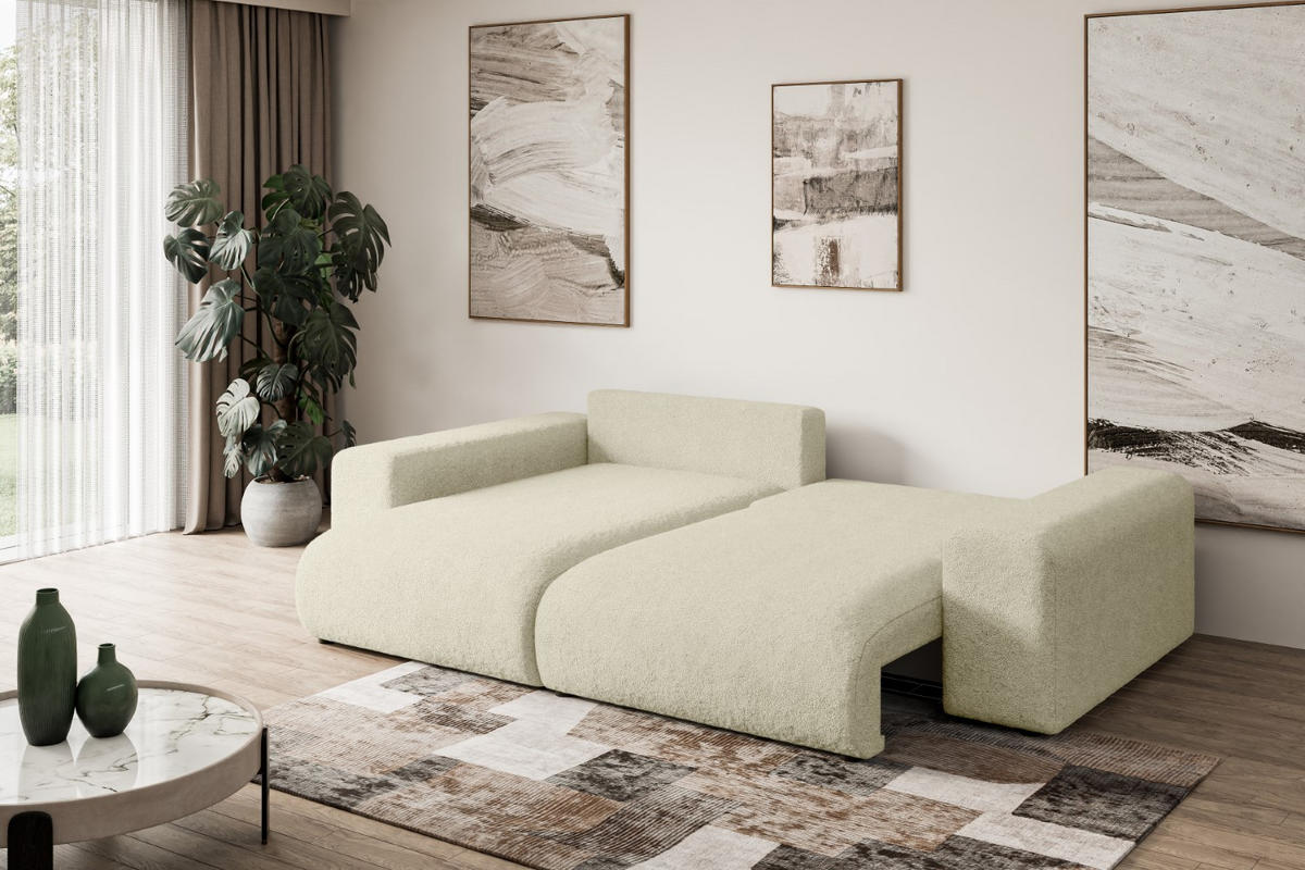 ECKSOFA mit Schlaffunktion und Bettkasten ESKAR-L 256x165x84cm Beige Bouclé - Beige/Schwarz, Holzwerkstoff/Kunststoff (165/256cm) - ALTDECOR
