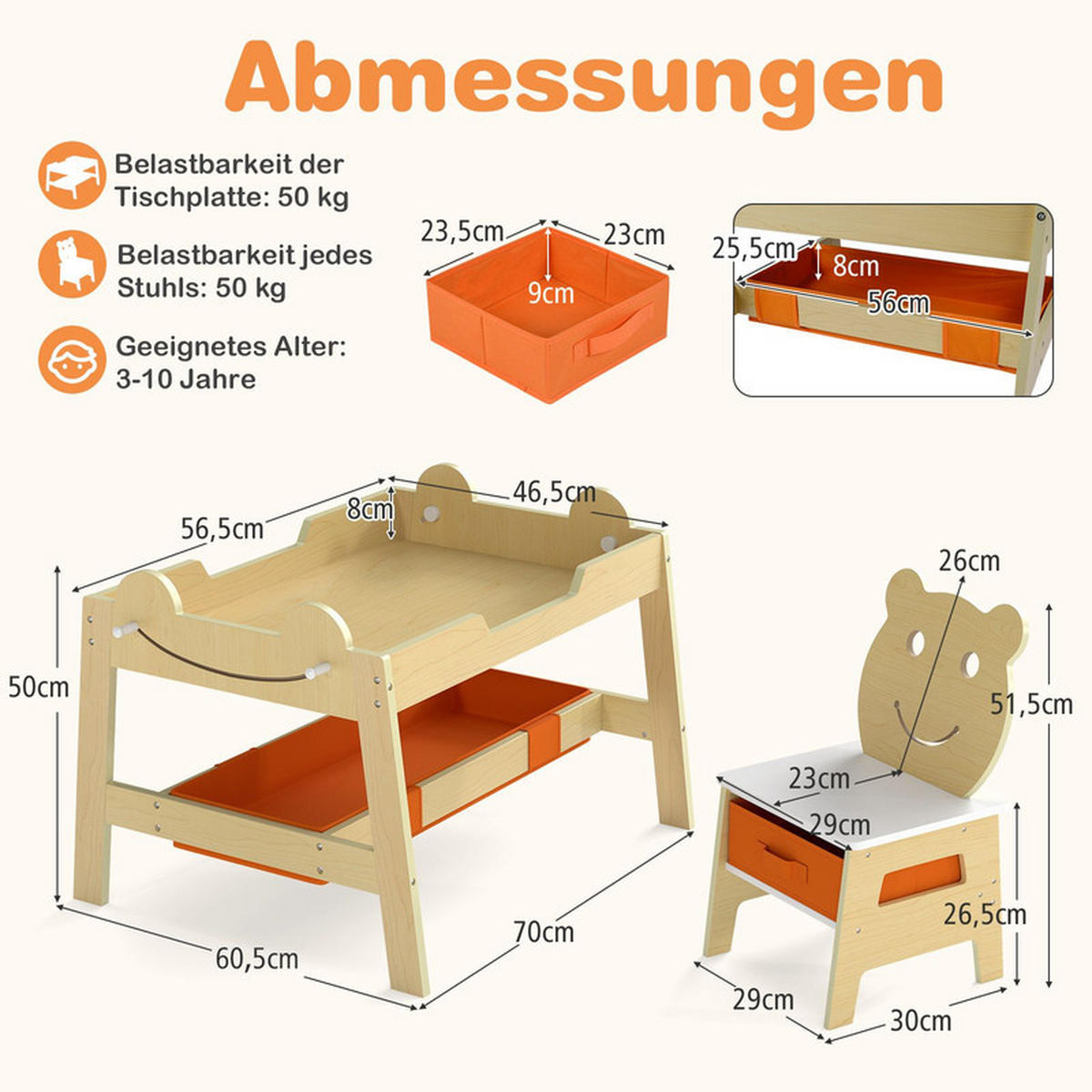 KINDERTISCH mit stuhl natur(3-tlg) - Naturfarben, Holzwerkstoff (70/50/60.5cm) - COSTWAY