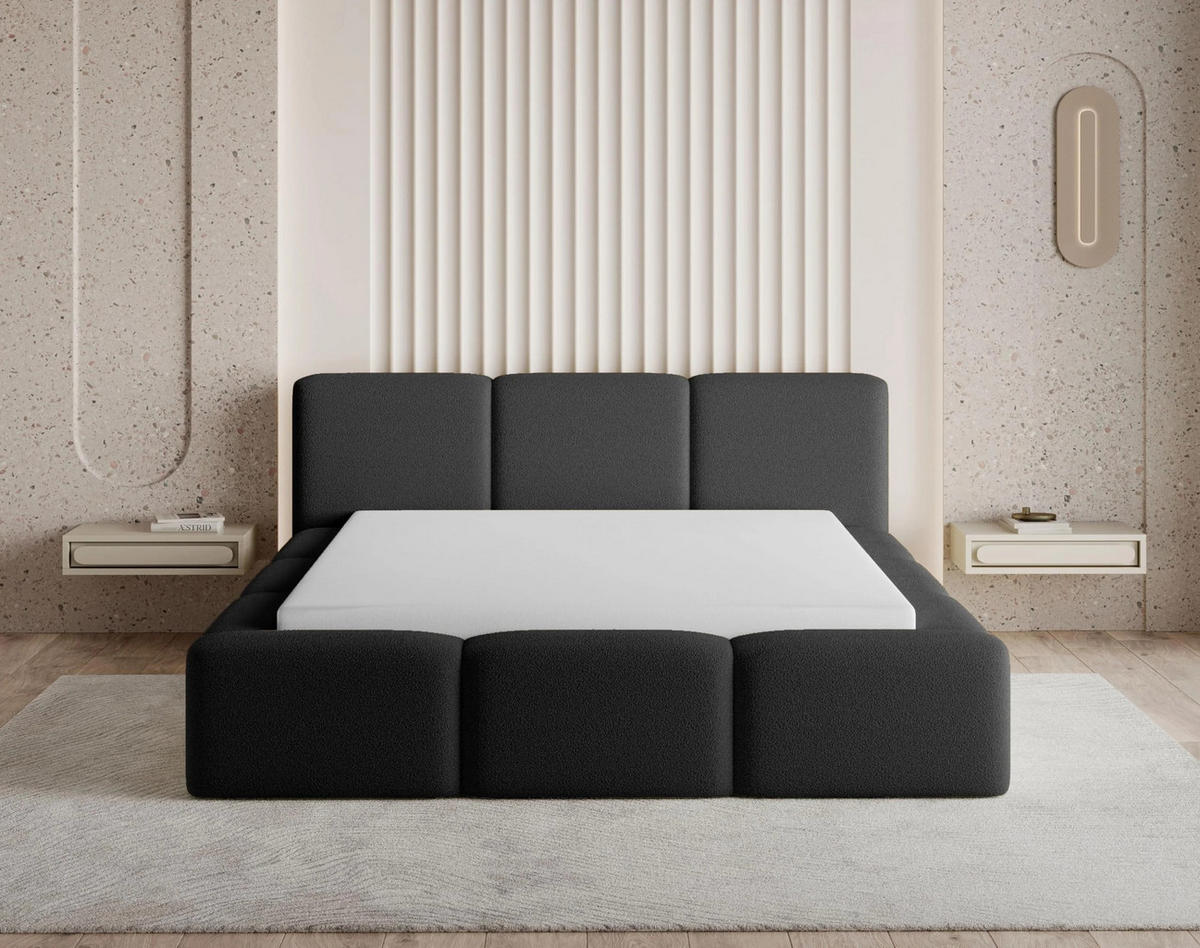 POLSTERBETT Como 140x200 cm mit Bettkasten, Lattenrost und Kopfteil - Bouclé Schwarz - Schwarz, Holz (140/200cm) - Chilly