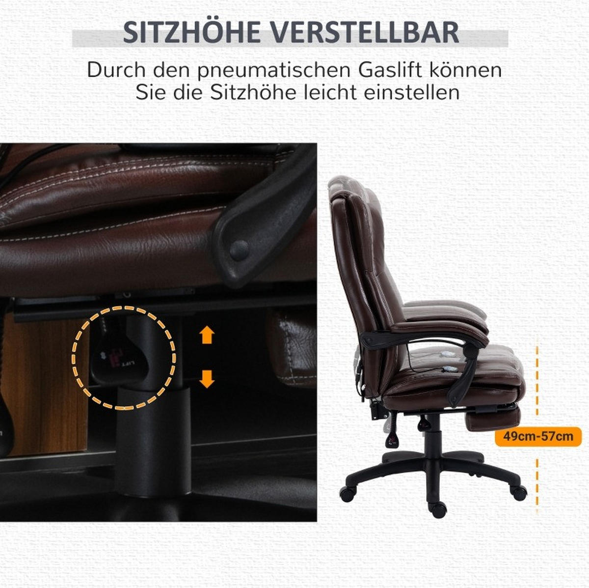 DREHSTUHL 68,5/68,5/113-121 cm, Massagefunktion, Kunstleder, braun - Braun, Kunststoff (68.5/121/68.5cm) - Redom