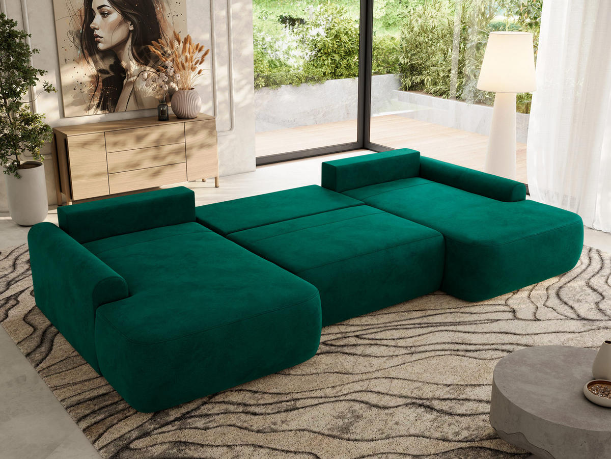 WOHNLANDSCHAFT CUBO U Dunkelgrün Velvet - Dunkelgrün/Schwarz, Kunststoff/Textil (370/100/187cm) - MKS