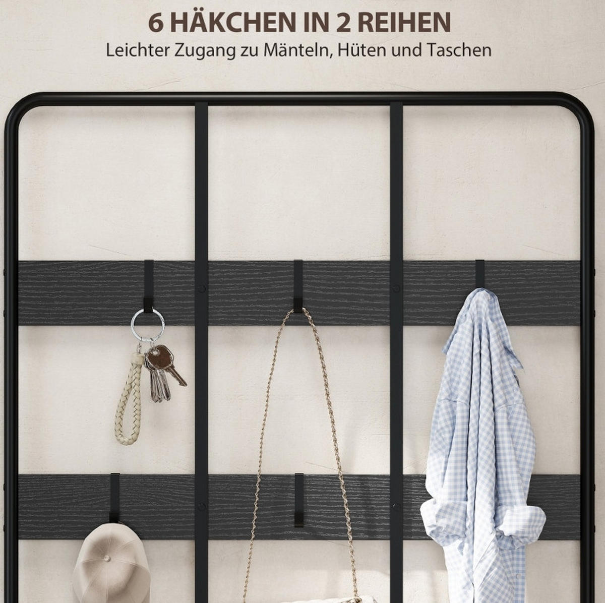 GARDEROBENSTÄNDER mit Sitzbank, 6 Haken, 2 Schuhregalen und Kippschutz, Schwarz - Schwarz, Metall (91/180/36cm) - Redom
