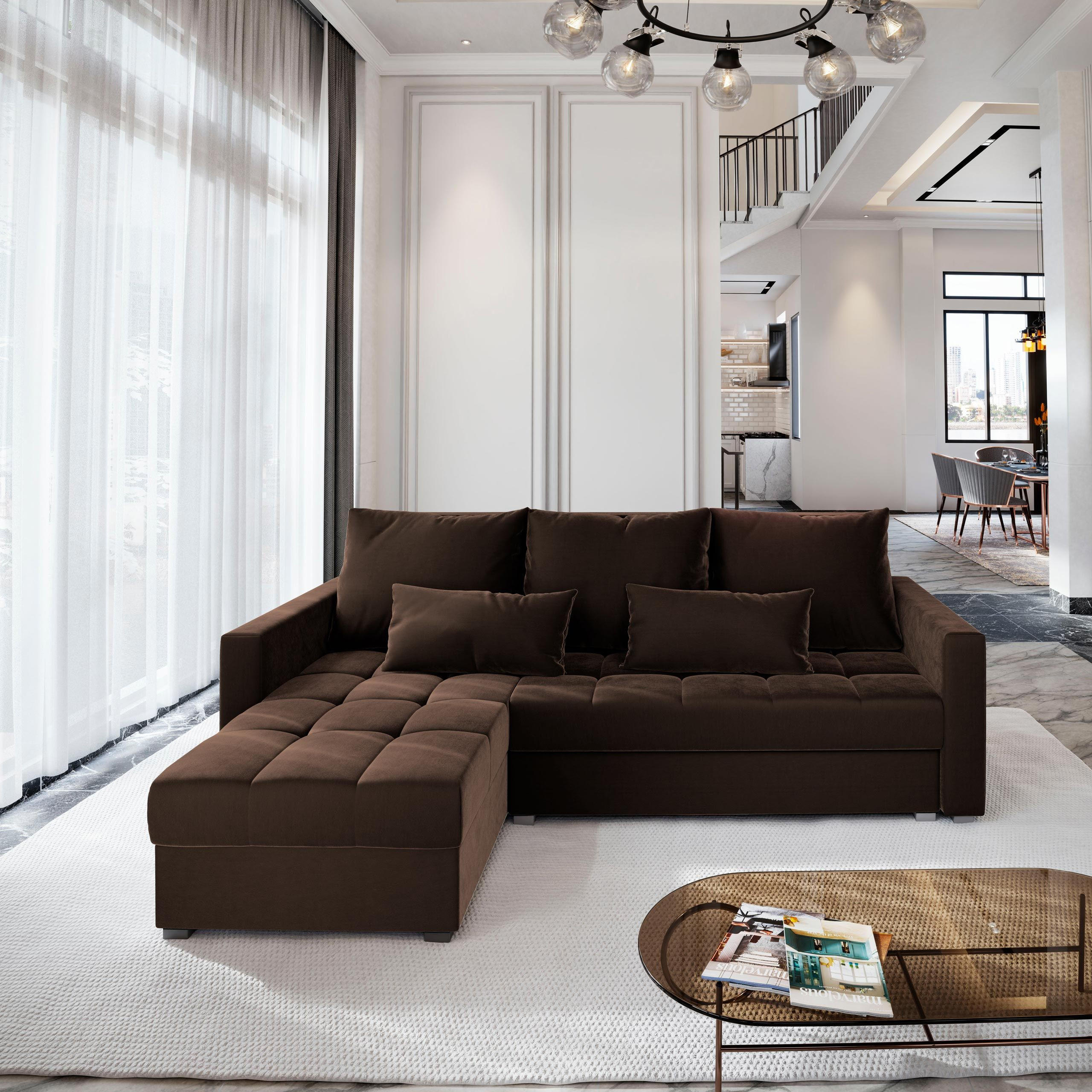 ECKSOFA KOS PIK Braun Plüsch-Stoff mit Schlaffunktion - Braun, Holz (220/140cm) - MASSENO