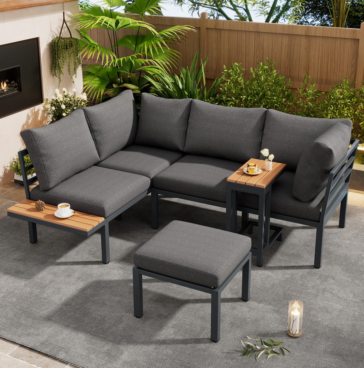 GARTENMÖBEL-SET mit Ecksofa, Beistelltisch und Couchtisch/Ottomane aus verzinktem Stahl und WPC, Grau/Schwarz - Grau, Metall - Redom