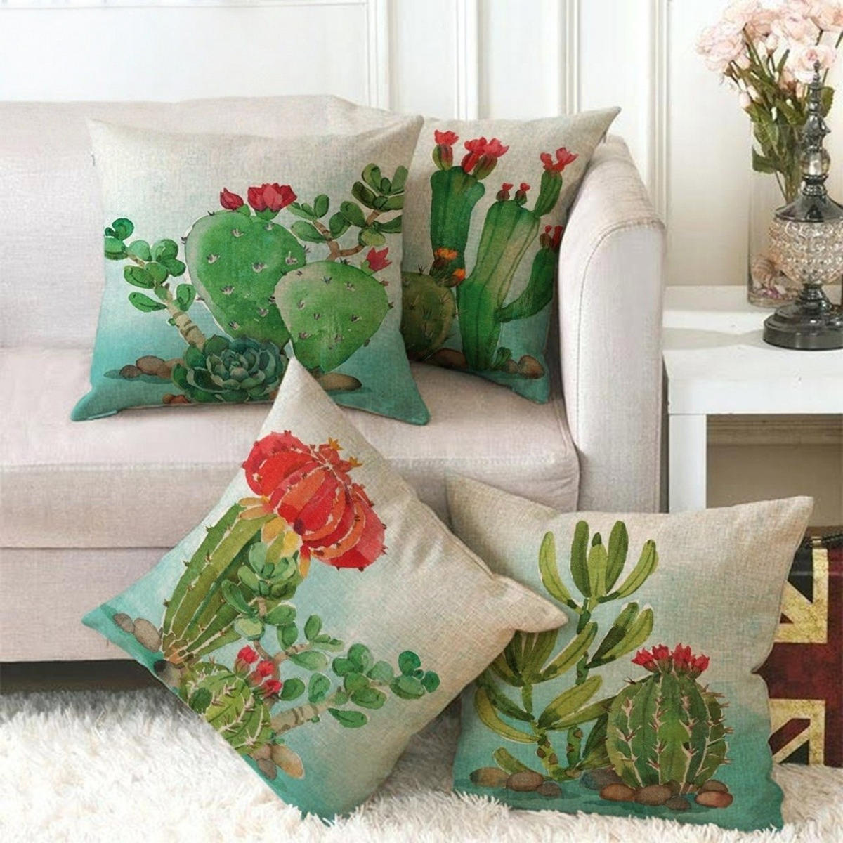 KISSENHÜLLE 4er Set, Kaktus Muster, Leinen, Boho, 45x45cm - Weiß, Textil (45/45cm) - Authentics