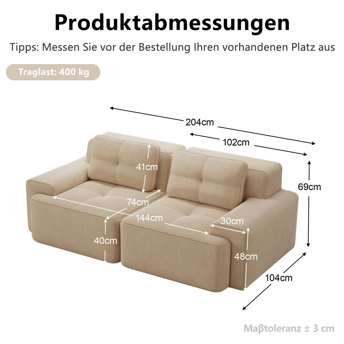 2-SITZER-SOFA DE-34113 modular mit Tiefsitz Beige - Beige, Textil (104/69/204cm) - ComfortXL