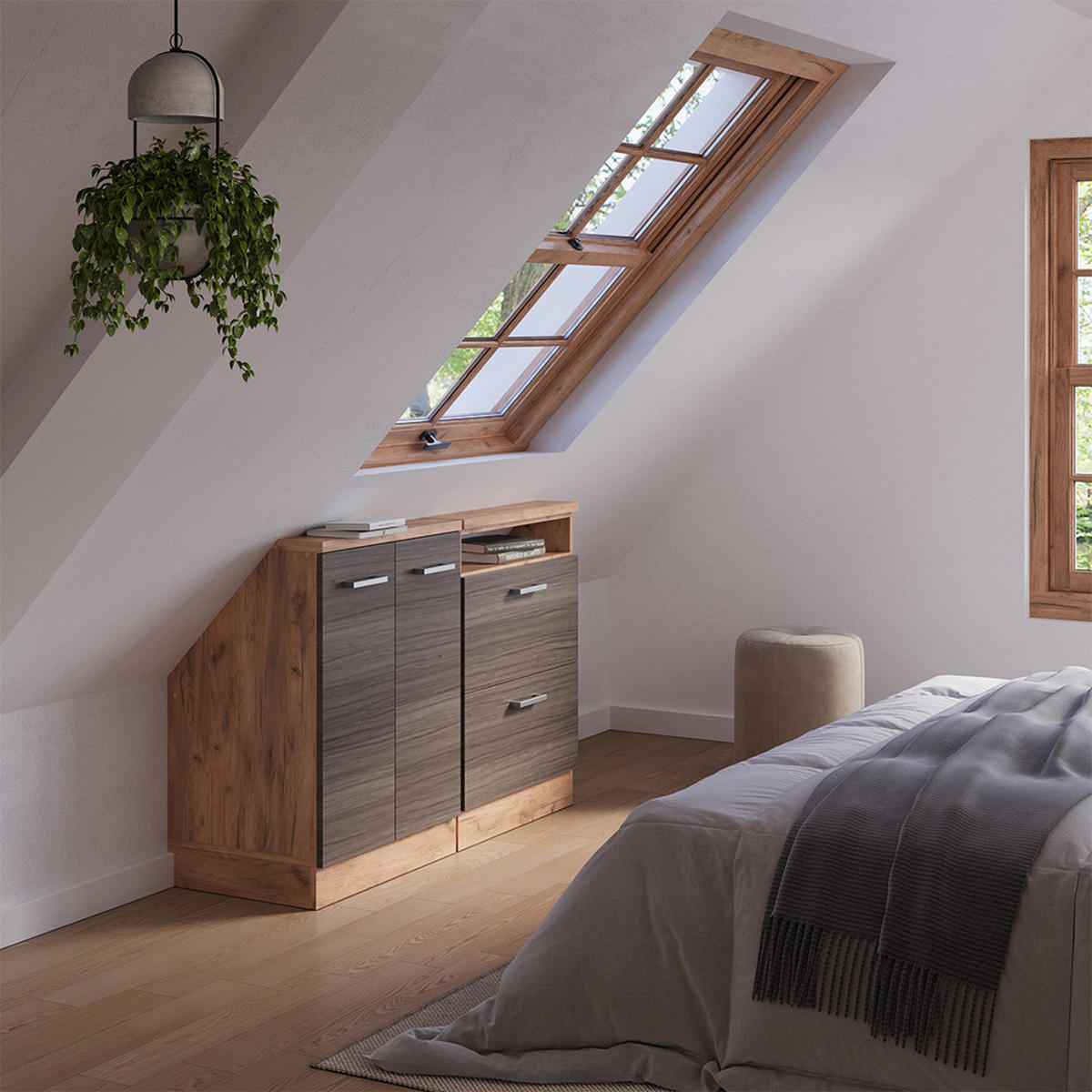 KUCHYŇSKÁ SKŘÍŇKA POD ŠIKMOU STŘECHU R-Line Ušlechtilý šedý/zlatý dub - šedá/medově dubová, kompozitní dřevo (120/81.6/46cm) - Vicco