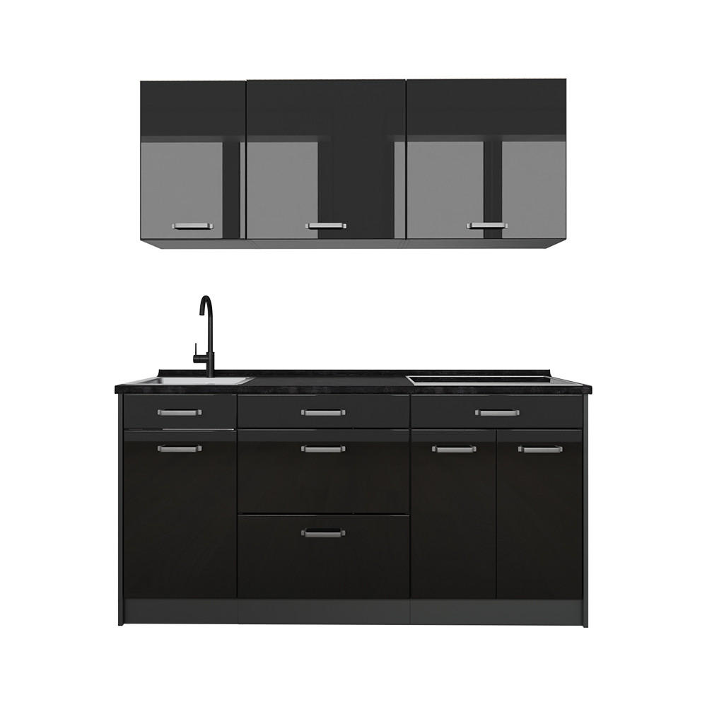 SINGLEKÜCHE R-Line, Schwarz Hochglanz/Anthrazit, 160 cm ohne Arbeitsplatte - Schwarz Hochglanz/Anthrazit, Holzwerkstoff (160/81.6/46cm) - Vicco