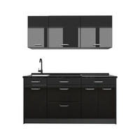 SINGLEKÜCHE R-Line, Schwarz Hochglanz/Anthrazit, 160 cm Arbeitsplatte Anthrazit - Schwarz Hochglanz/Anthrazit, Holzwerkstoff (160/81.6/60cm) - Vicco
