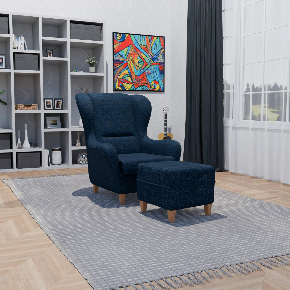 OHRENSESSEL Sofia Relaxsessel mit Hocker | Design Webstoff Vienna Blau - Blau, Textil (92/68/95cm) - Supellex