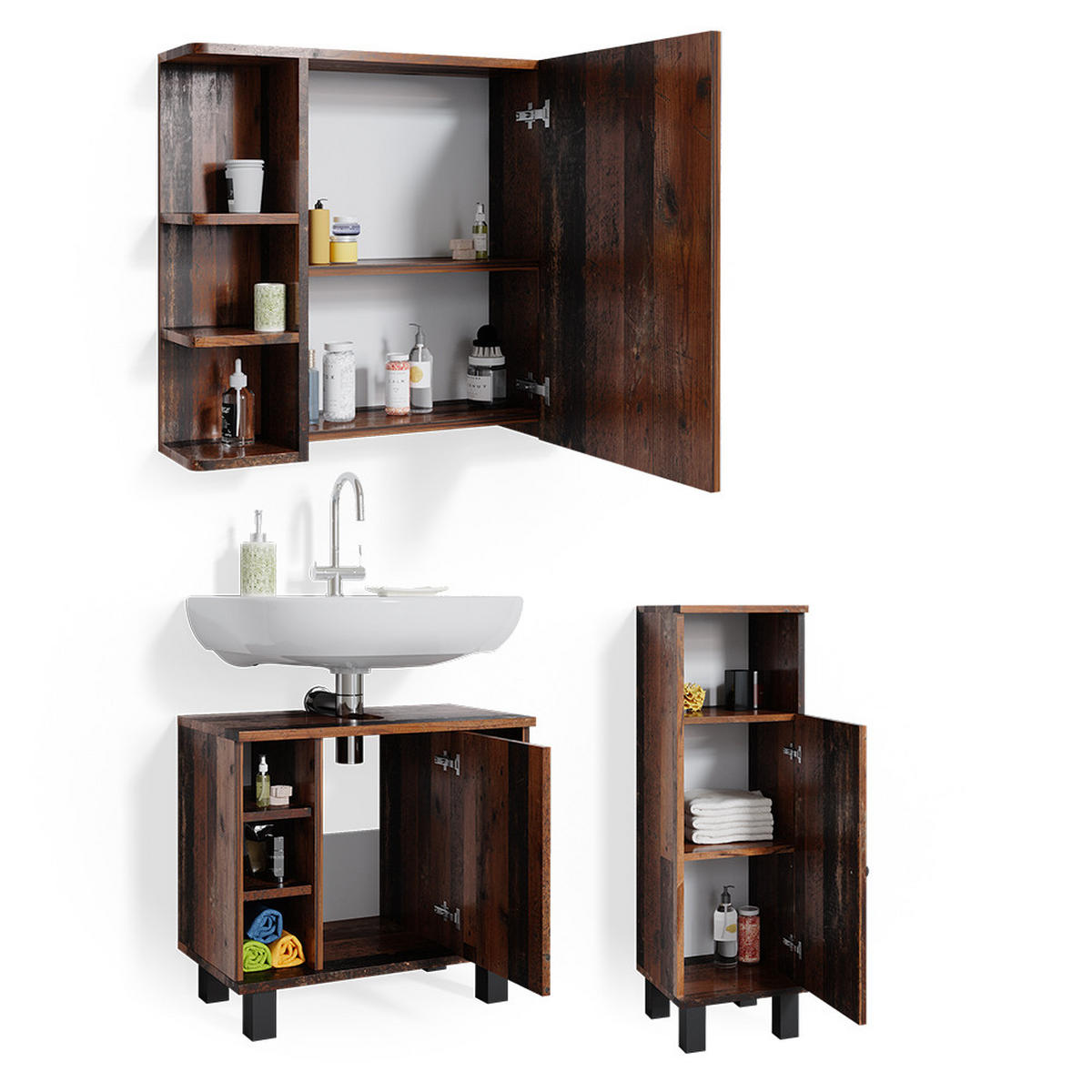 BADMÖBEL-SET Fynn Eiche rustikal 3 Teile, mit Midischrank - Wildeiche, Holzwerkstoff (60/54/32cm) - Vicco