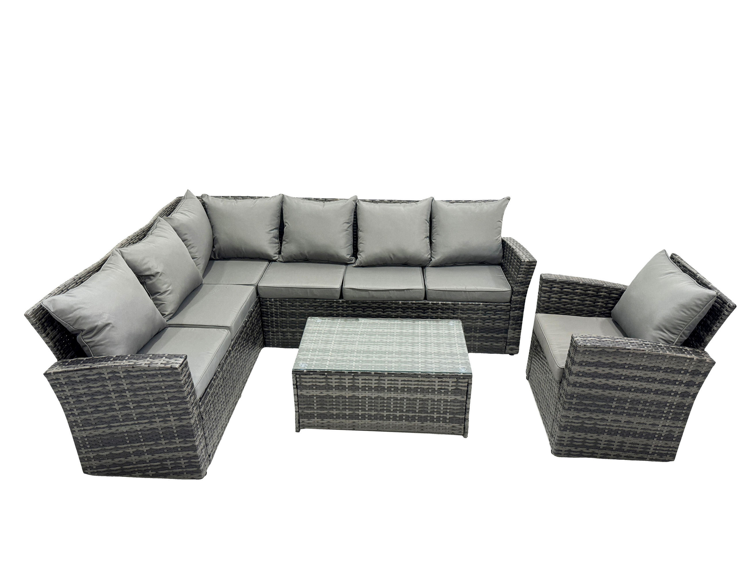 LOUNGEMÖBEL-SETS mit Couchtisch Sofa Polyrattan Dunkelgrau 7-Sitzer - Dunkelgrau/Grau, Glas/Kunststoff - Fimous