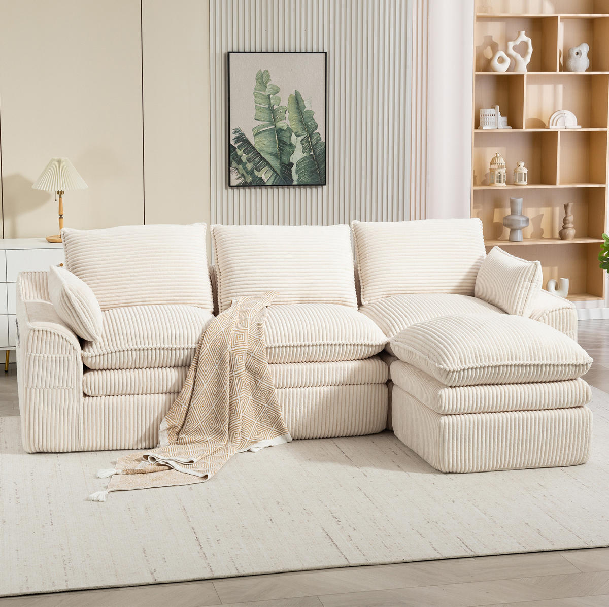 3-STIZER Sofa 263/167/85 cm mit Hocker, Seitentaschen und Federkern, Cord Beige - Beige, Textil (263/85/167cm) - Redom