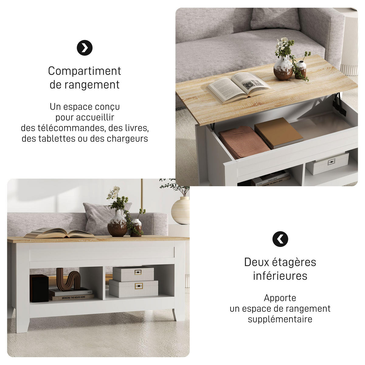 COUCHTISCH DE-15802 klappbare Platte Weiß - Weiß, Holzwerkstoff (105/50/62.5cm) - ComfortXL
