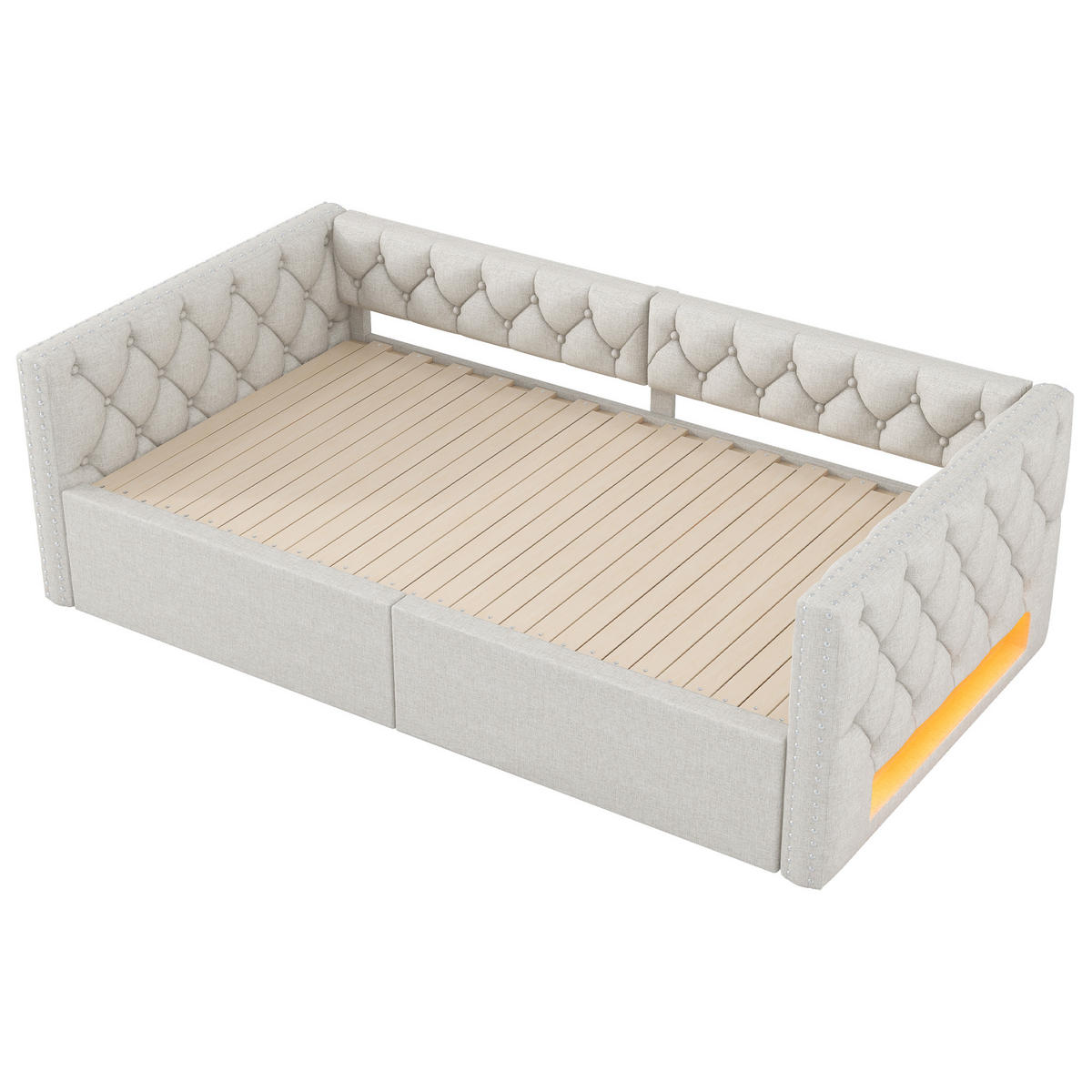 POLSTERBETT 90/200 cm Ausziehbett Beige aus Leinen mit LED-Beleuchtung - Beige, Textil (90/200cm) - OKWISH