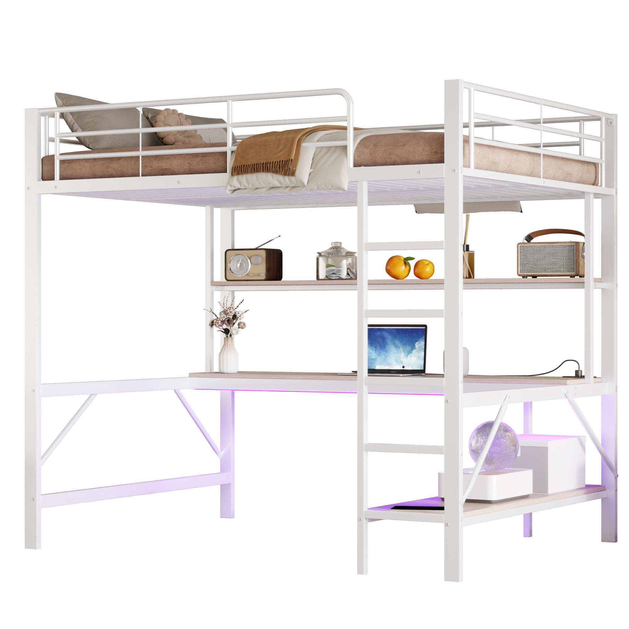 STILVORA HOCHBETT 140/200 cm in Weiß mit Schreibtisch, Regal, LED und USB