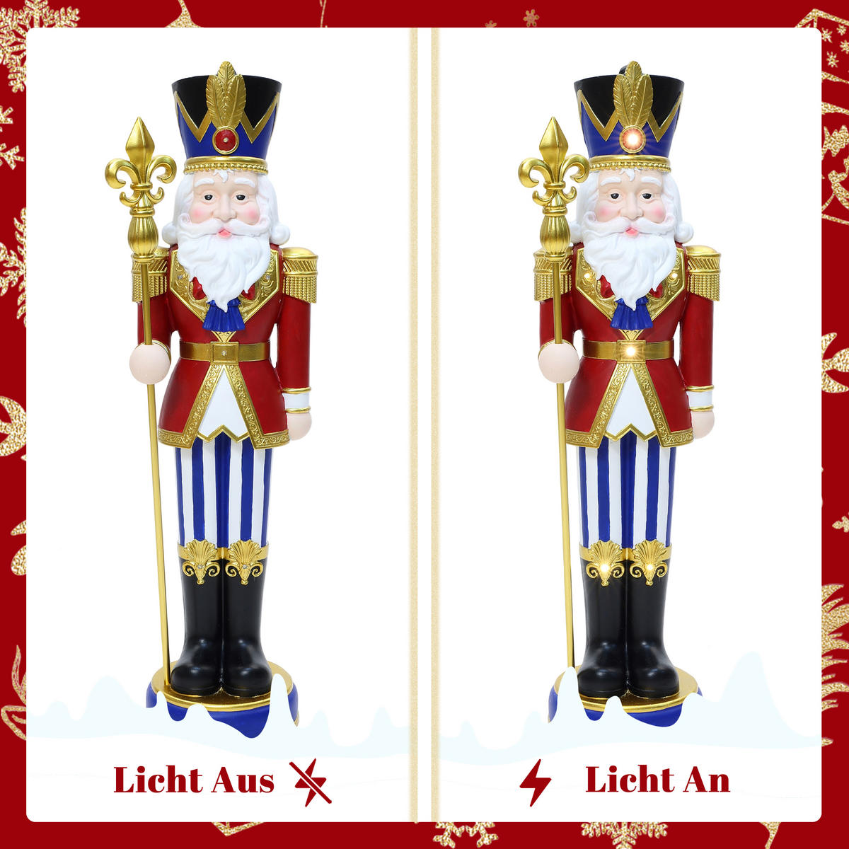 NUSSKNACKER Figur groß 91cm, Weihnachtsdeko mit LED, Timer, MgO - Dunkelrot, Naturmaterialien (28.5/91/28.5cm) - Hometopia