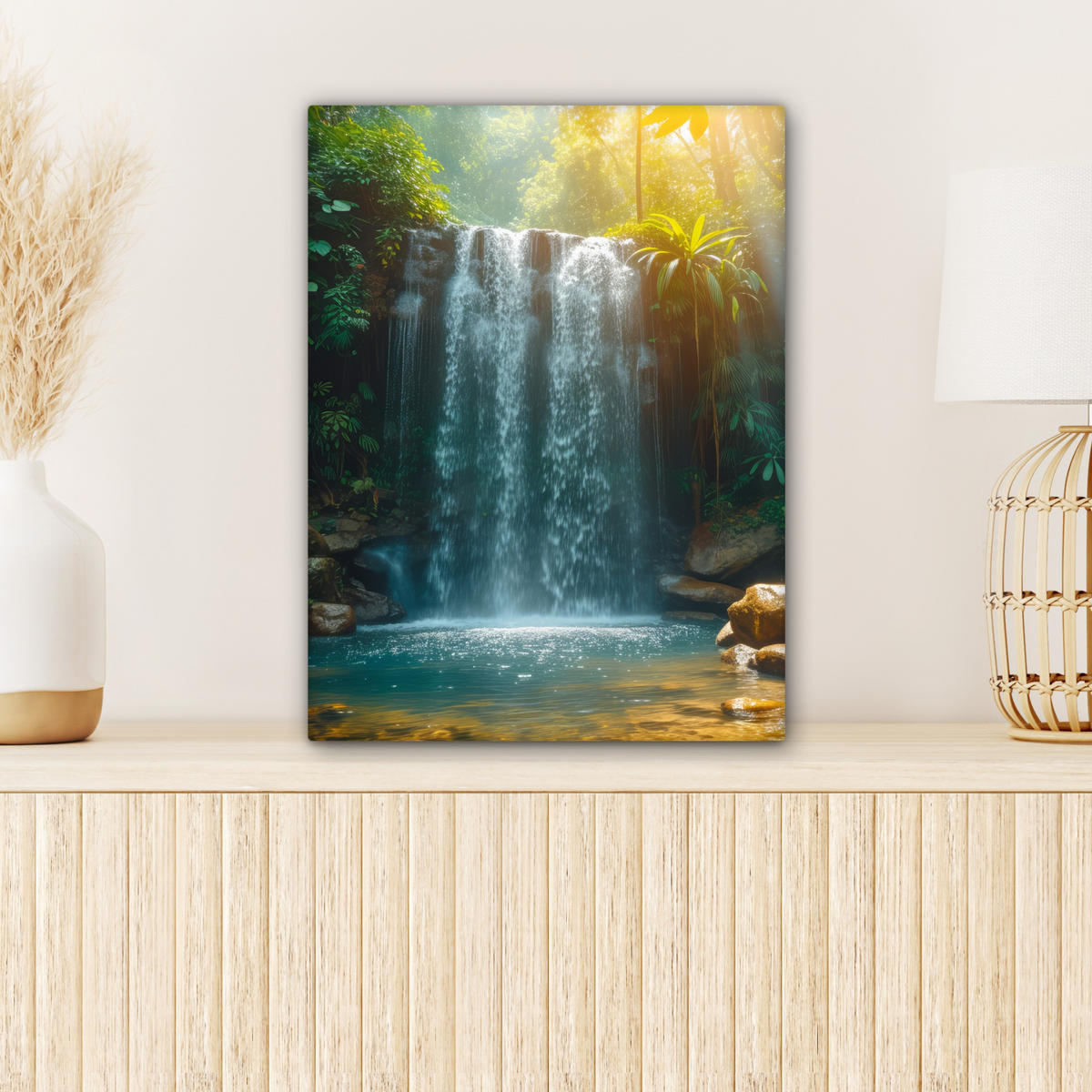 LEINWANDBILD Wasserfall - Dschungel - Sonne - Grün - Natur 30x40 cm - Grün, Textil (30/40cm) - MuchoWow
