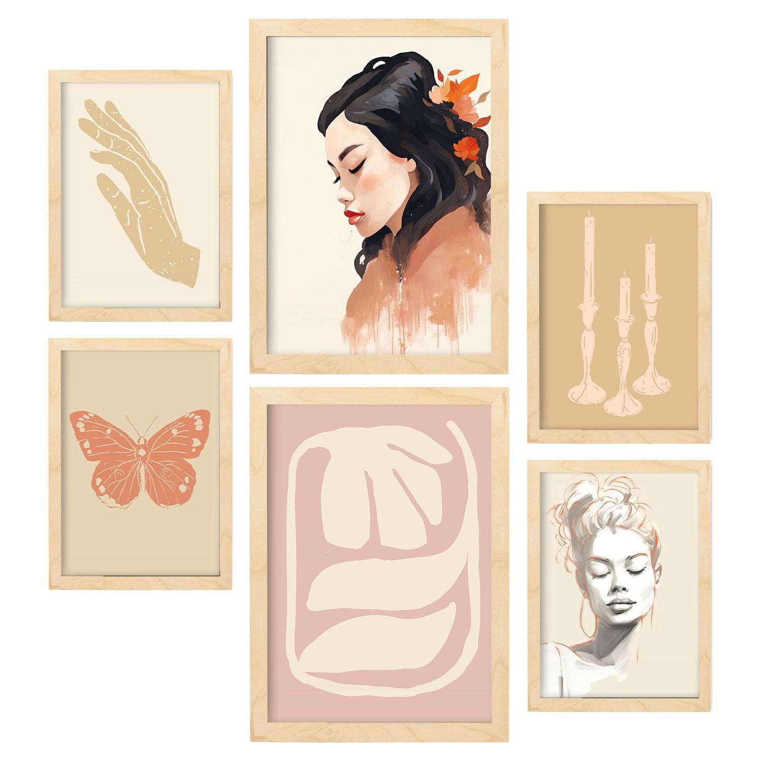 POSTER Set Mit 6 Nachdenkliche Frau A3 & A4 Rahmen Aus Hellem Holz - Beige, Papier (29/3cm) - Nacnic