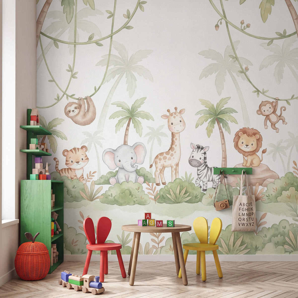 KINDERTAPETE - Tiere - Dschungel - Pastell - 280x280 cm - Weiß, Papier (280/280cm) - OnlyWow