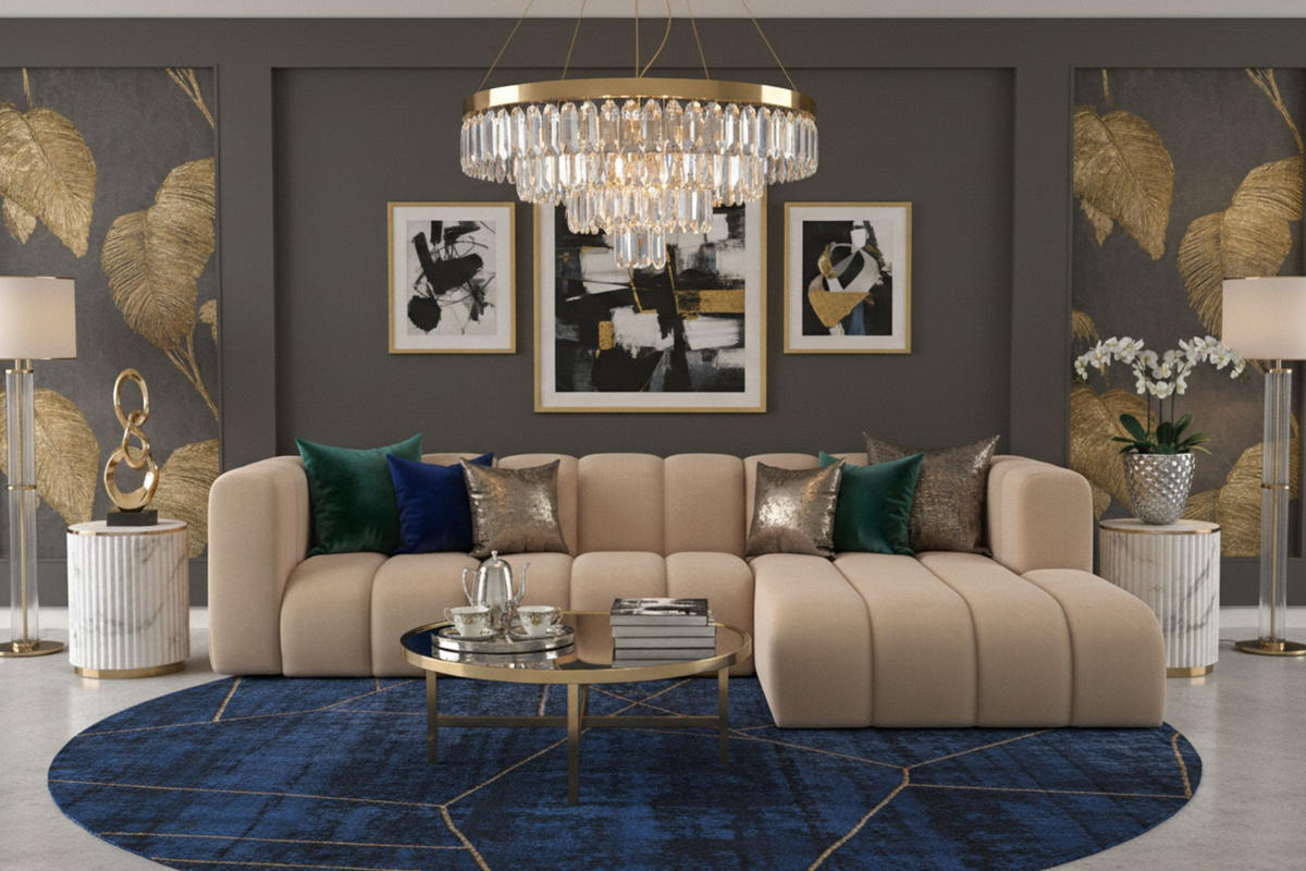 ECKSOFA L-Form Grand L 287 cm, Veloursstoff Salvador, Beige, Rechts - Beige, Holz (287/179cm) - Kaiser Möbel