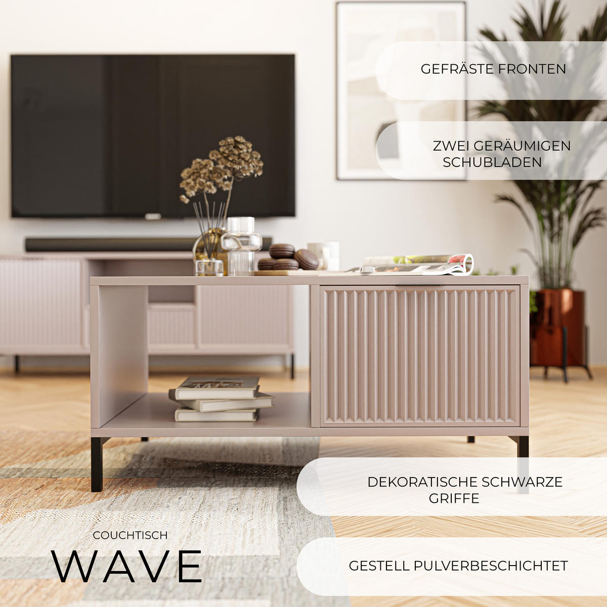 COUCHTISCH WAVE Modern mit Schublade, Beige - Kaschmir/Schwarz, Holzwerkstoff/Metall (58/90/45.5cm) - Idohome