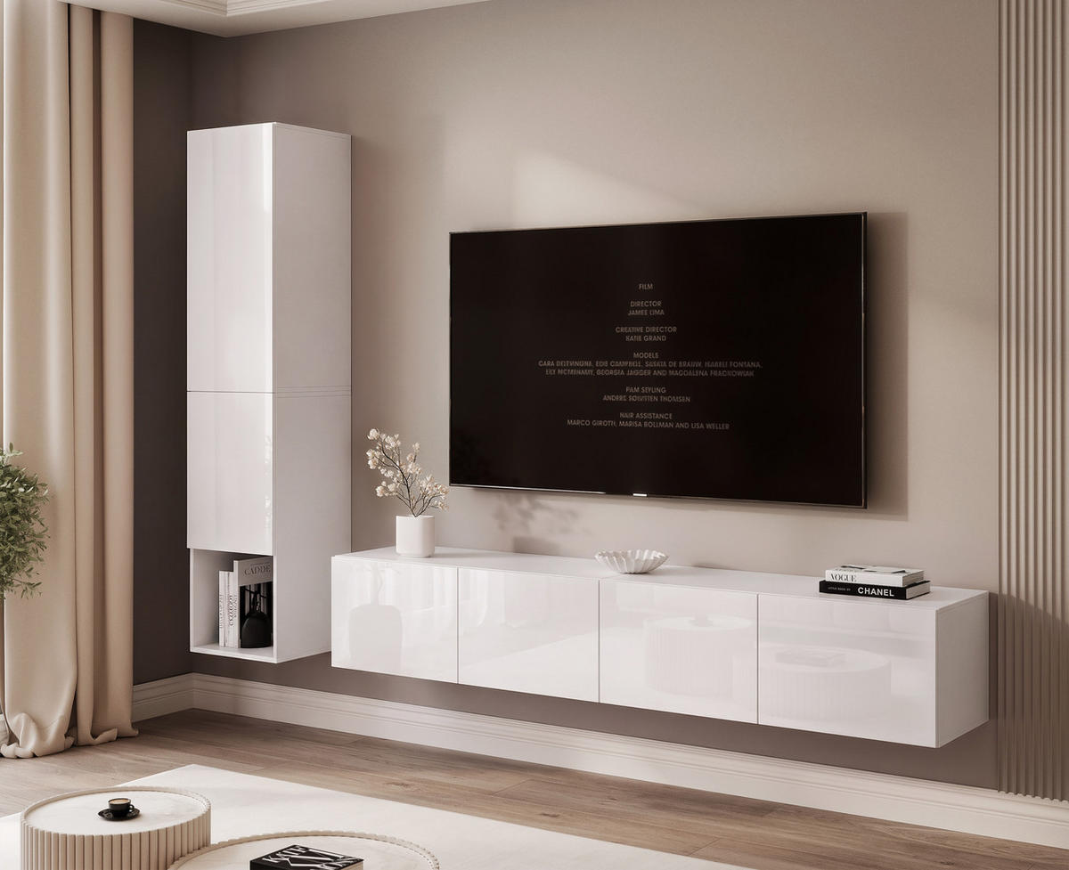 WOHNWAND ANGEL LINE I 2-teilig, mit LED-Beleuchtung, Weiß Hochglanz - Weiß Hochglanz, Holzwerkstoff (240/180/40cm) - Idohome