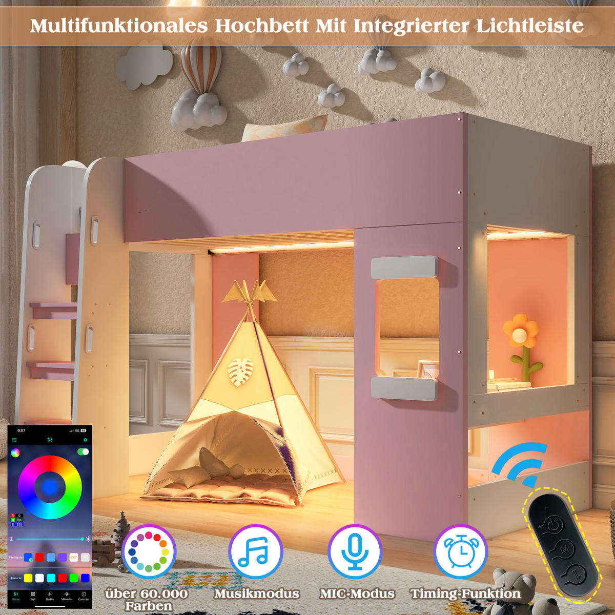 HOCHBETT aus MDF und Sperrholz 90x200 cm Rosa mit LED-Beleuchtung und Schreibtisch - Pink, Holzwerkstoff (90/200cm) - Modfu