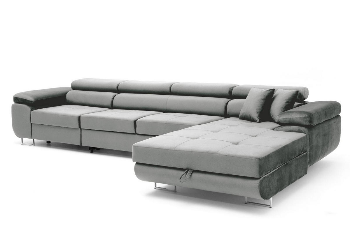 ECKSOFA ALONZO MAXI Rechts mit Schlaffunktion 125x195 Velours Hellgrau - Silberfarben/Hellgrau, Holz/Textil (203/350cm) - Muffo