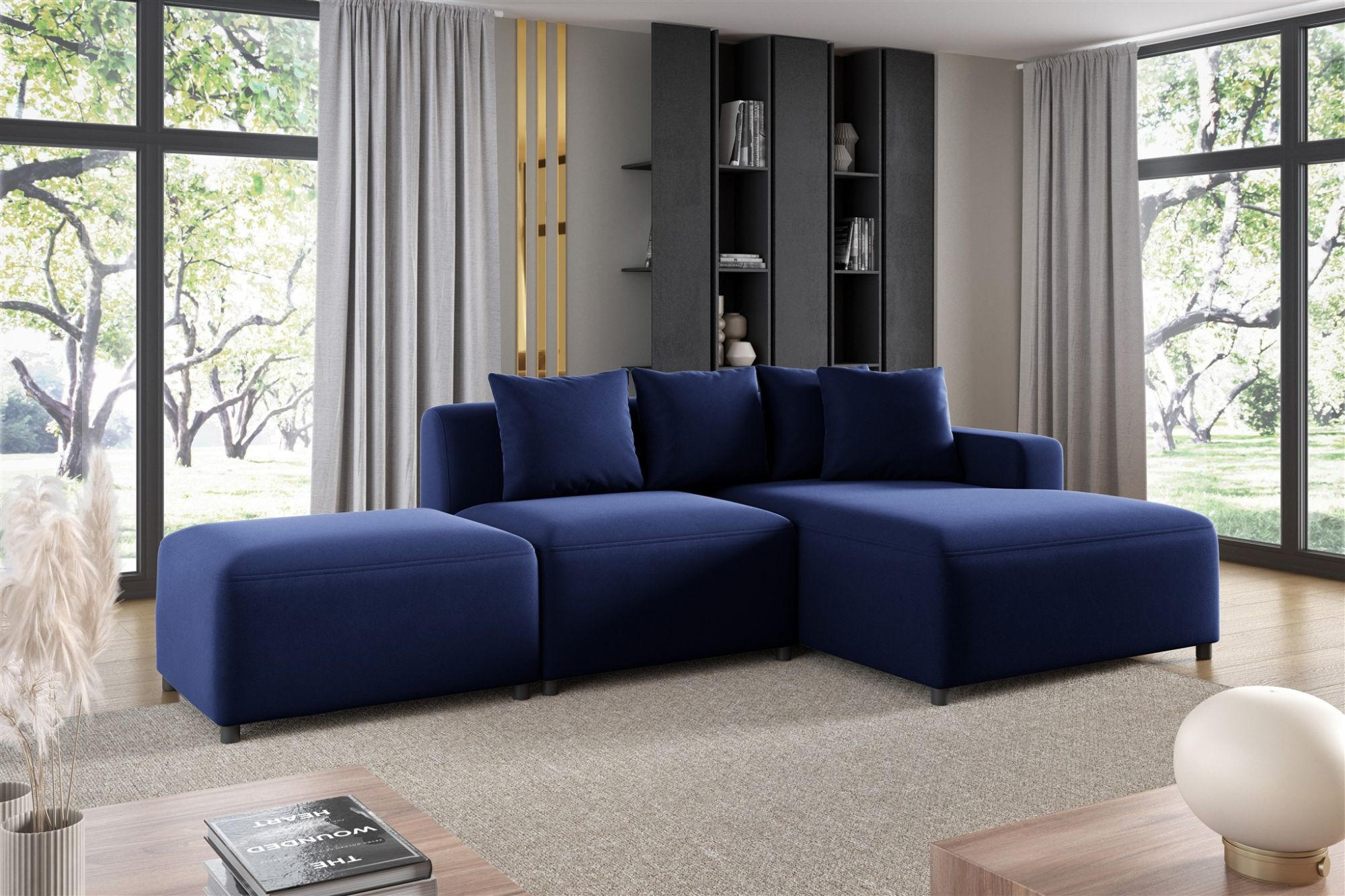 Thumbnail - Fun Möbel Ecksofa, Dunkelblau, Textil, Ottomane rechts, 304x165 cm, Wohnzimmer, Sofas & Couches, Wohnlandschaften, Eckso...