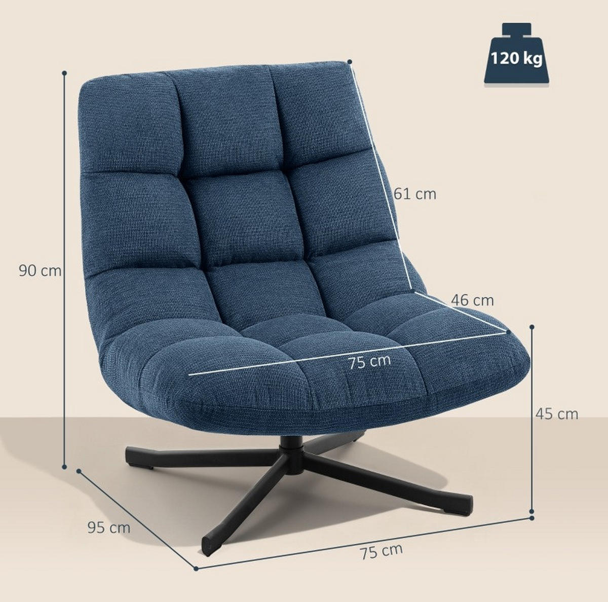 DREHSESSEL in Dunkelblau 75x95x90 cm ohne Armlehnen mit Stahlbeinen - Dunkelblau, Textil (95/90/75cm) - IVMEU