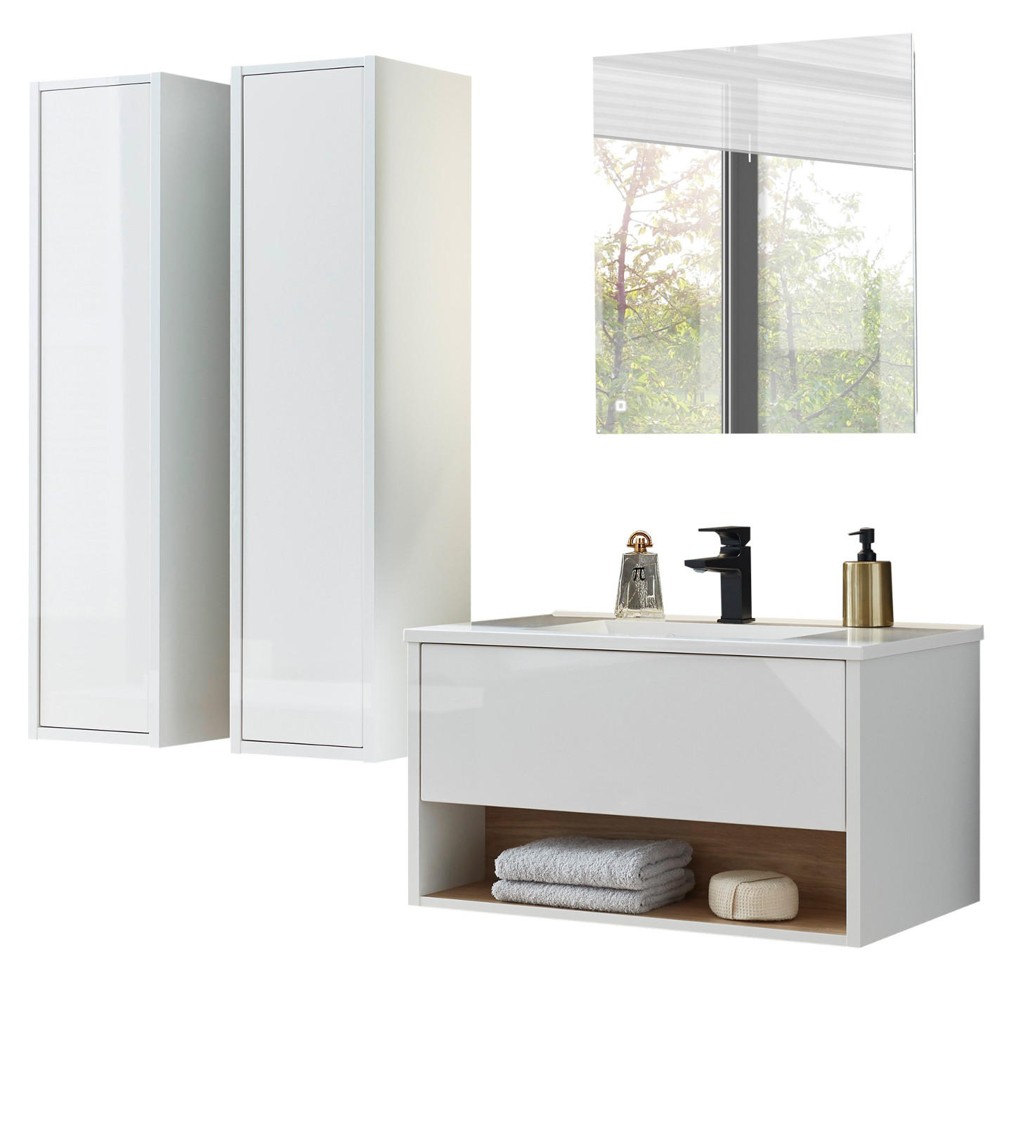 BADMÖBEL-SET weiß Hochglanz, Eiche mit Waschbecken und LED Beleuchtung 160 cm - Weiß Hochglanz/Eichefarben, Glas/Holzwerkstoff (160/190/47cm) - Furn.Design