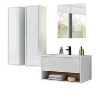 BADMÖBEL-SET weiß Hochglanz, Eiche mit Waschbecken und LED Beleuchtung 160 cm - Weiß Hochglanz/Eichefarben, Glas/Holzwerkstoff (160/190/47cm) - Furn.Design