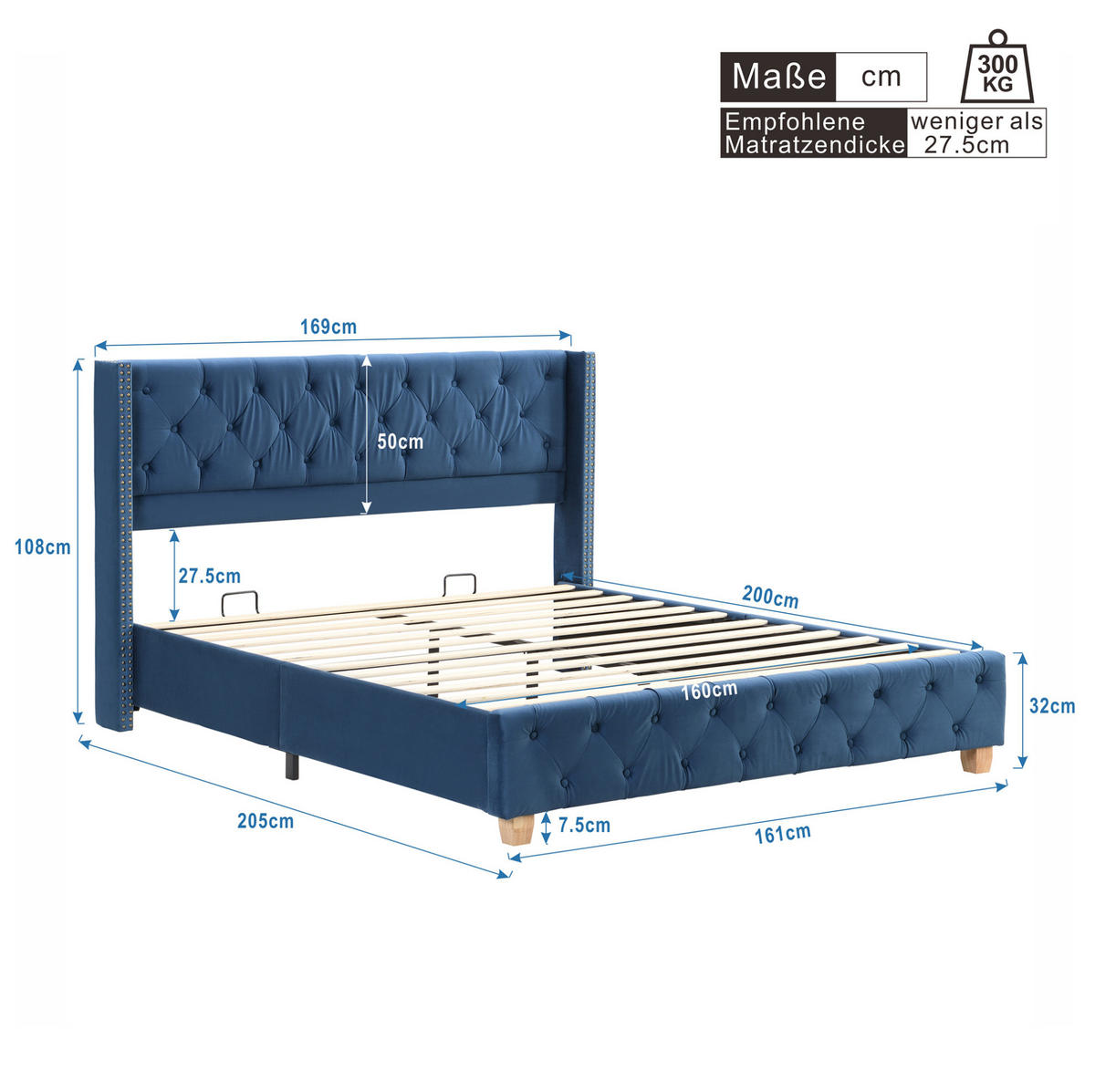 POLNJENA postelja iz žameta 160x200 cm modra s tapeciranim vzglavjem, gumbnim oblazinjenjem in kovinskimi okrasnimi čepi - modra, tekstil (160/200cm) - Modfu