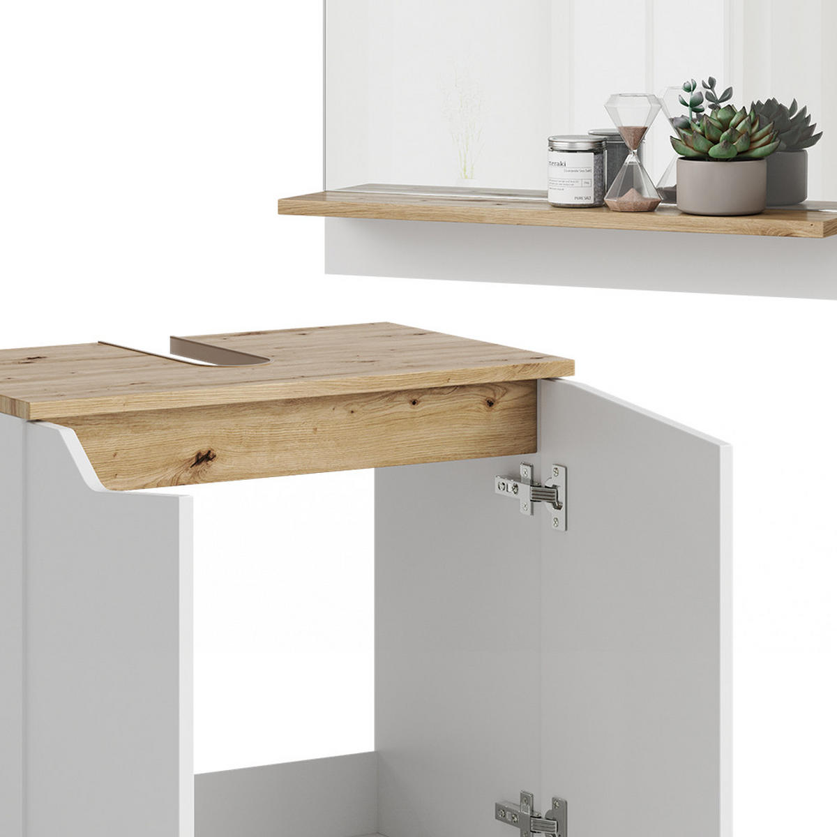 BADMÖBEL-KOMBINATION Marelle Weiß 3 Teile, mit Hochschrank - Weiß/Eiche Artisan, Holzwerkstoff (60/57/35cm) - Vicco