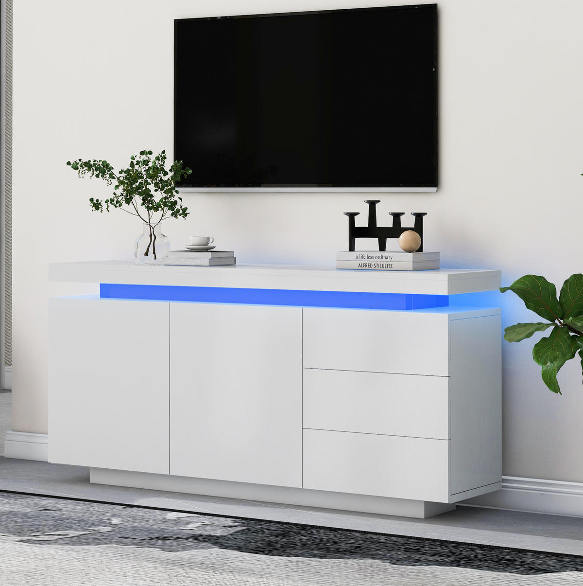 KOMODA z dřevotřísky 140x35x72,5 cm bílá s LED osvětlením, 2 dvířky, 3 zásuvkami a vysokým leskem - bílá, kompozitní dřevo (140/72/38cm) - Modfu