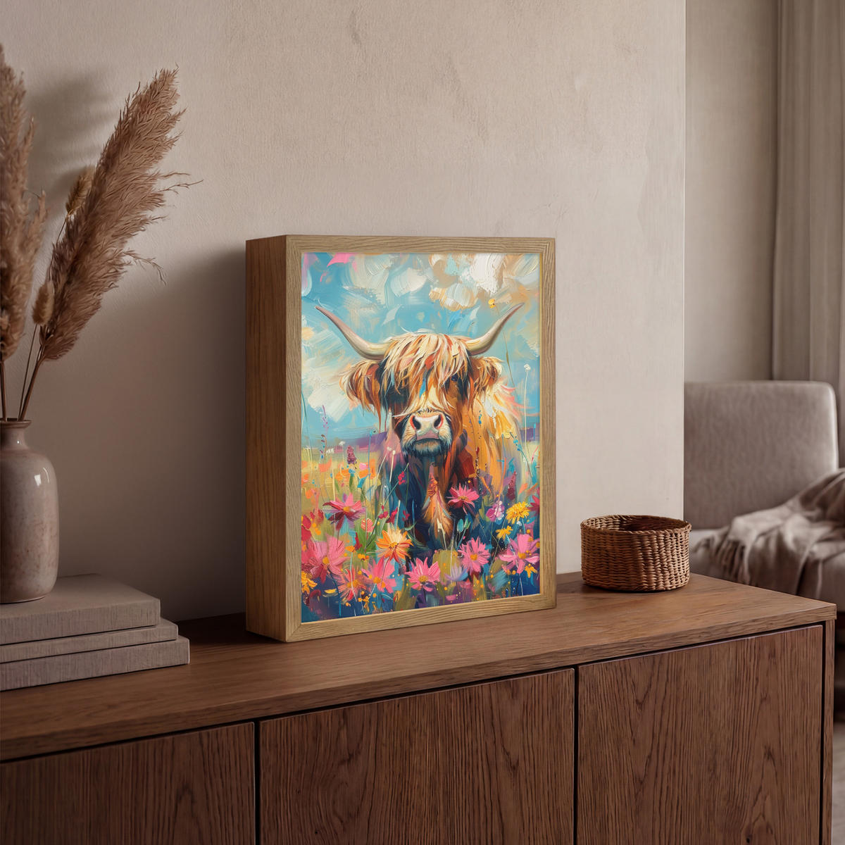 NÁSTĚNNÁ LAMPA S AKUMULÁTOREM Skotský horal - Příroda - Barevné - Květiny 30x40 cm - různobarevná, kompozitní dřevo (30/40/8cm) - OnlyWow