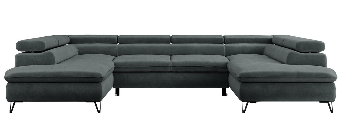 WOHNLANDSCHAFT PETER U Samt Dunkelgrau - Dunkelgrau/Schwarz, Textil/Metall (346/76/208cm) - MKS