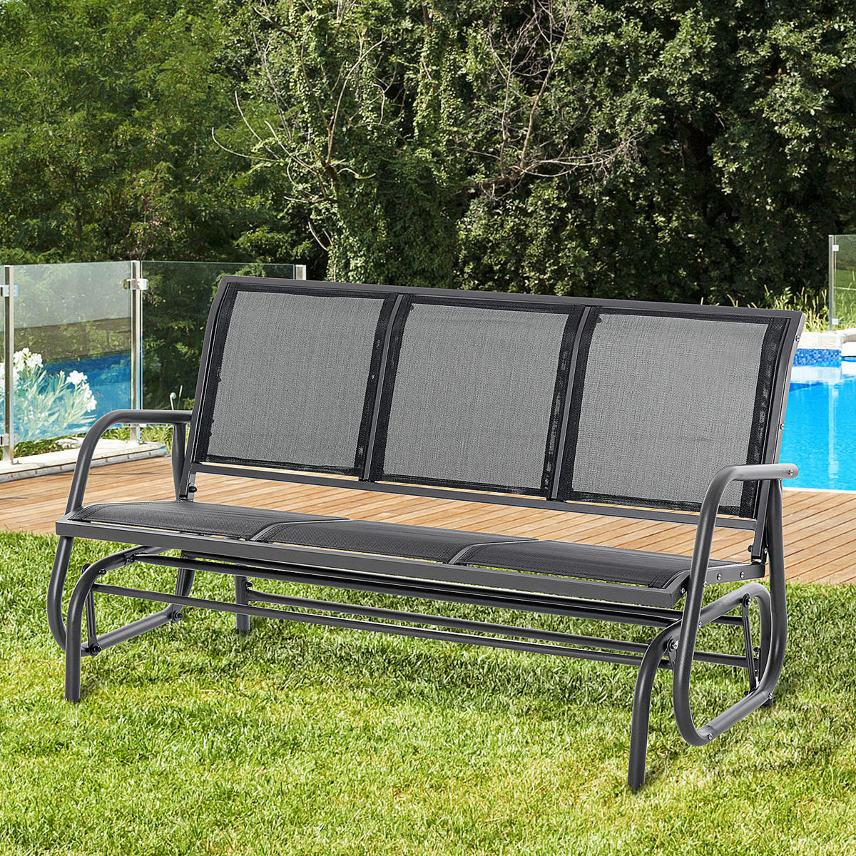 ZÁHRADNÁ hojdacia lavica 147/75/85 cm čierna z kovu pre 3 osoby s hojdacou funkciou - čierna, kov (75/85/147cm) - OKWISH